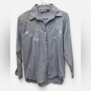 Premier International S vintage denim pearl embroidered cotton long sleeve shirt